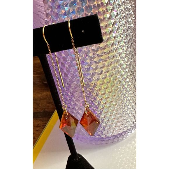 488. Gold filled threader earrings Austrian Crystal ￼Red Magma - Picture 5 of 6